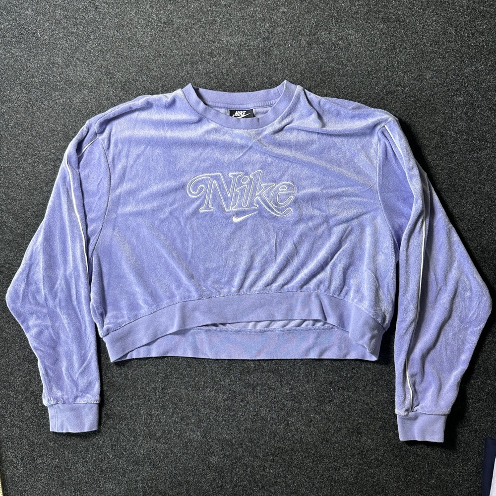 Nike Womens Velour Cropped Sweatshirt Lavender Purple Script Logo Small RN56323 - Picture 2 of 7